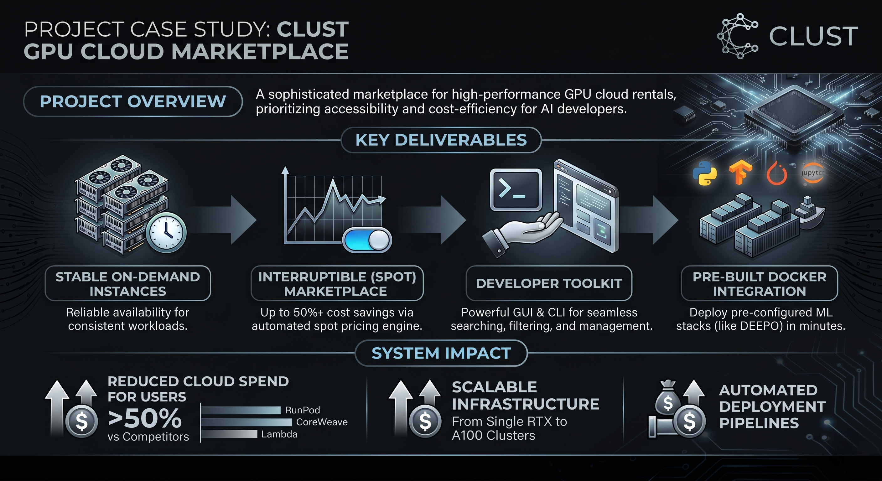 Clust GPU cloud platform — four-layer architecture infographic